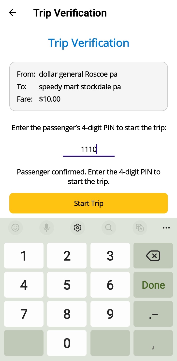 Driver entering passenger PIN before starting a trip in TaxiSearcher