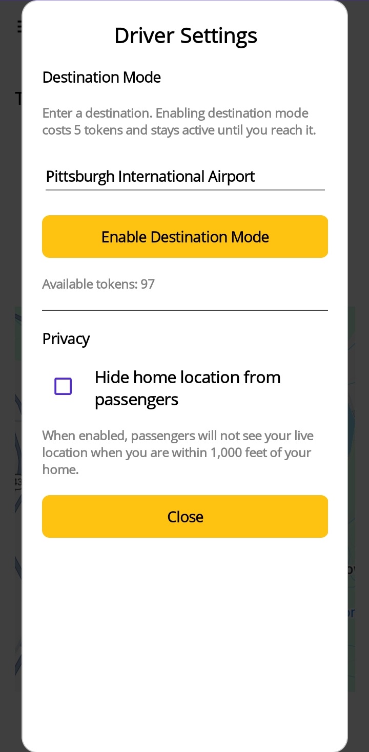 Driver settings including destination mode and privacy controls in TaxiSearcher