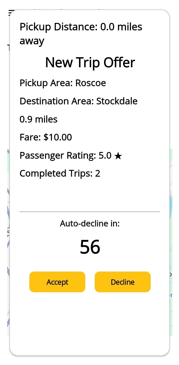 Driver receiving a new trip offer in TaxiSearcher